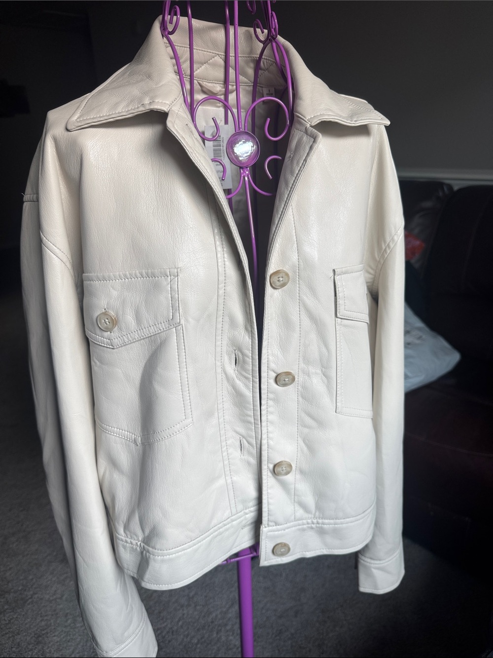 ARITZIA cream Button-Front Leather Jacket with Patch Pockets